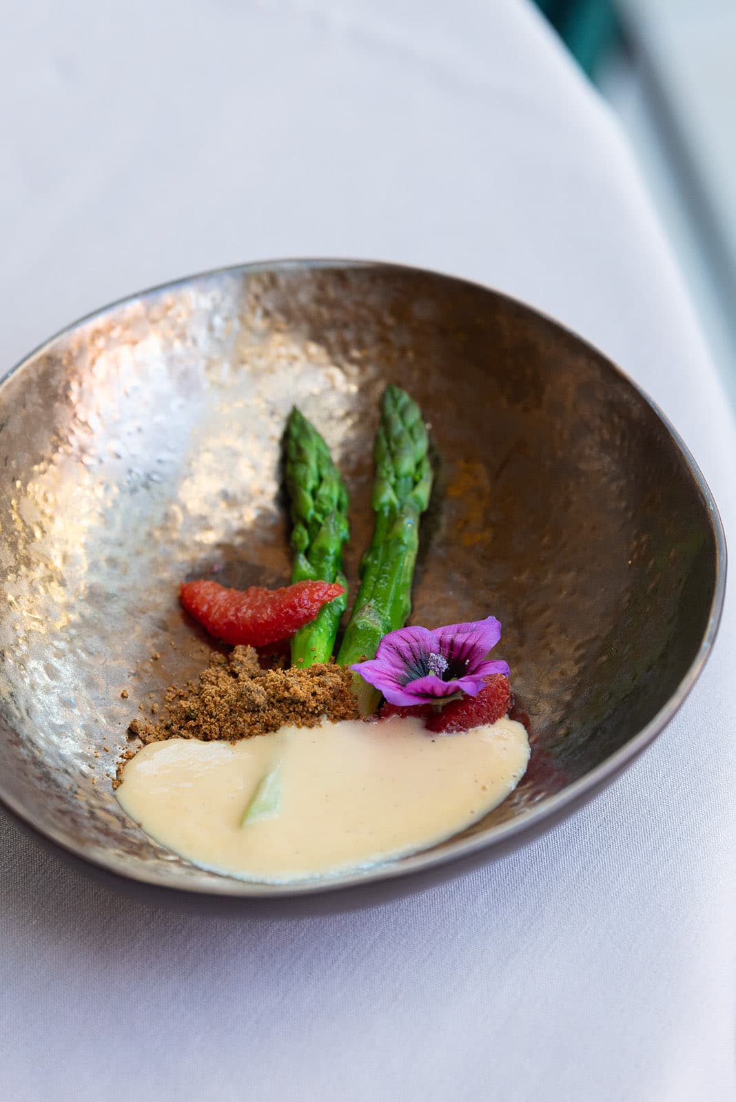 Asparagus, sabayon and edible flower